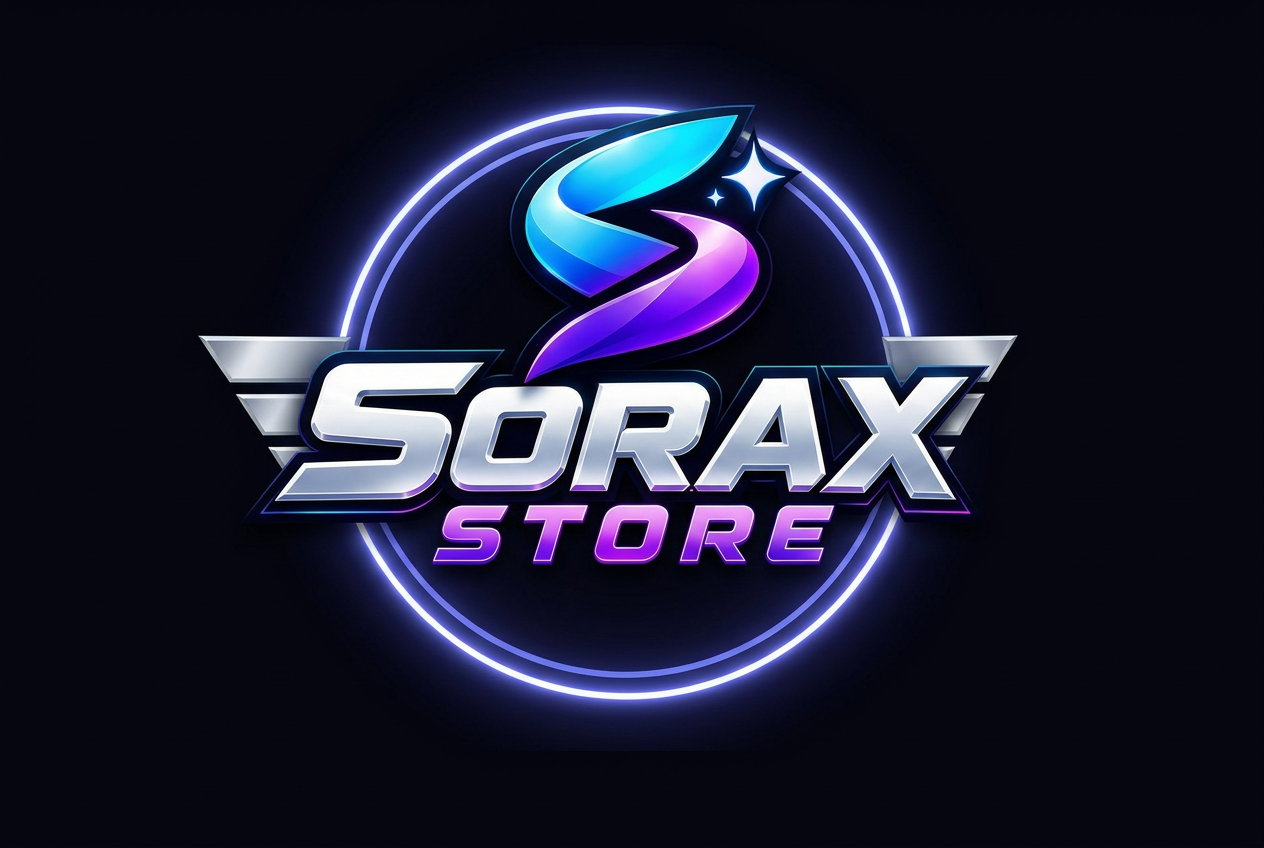 SORAX STORE — logo metálica com iluminação azul e roxa